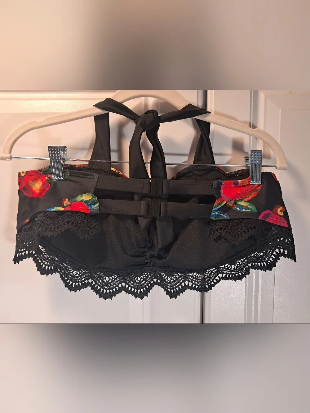 Black Tropical Floral Halter Bikini Top with Lace Trim Plus Size Swimsuit Swim
